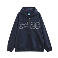 F426國潮牌美式嘻哈寬松大LOGO貼開(kāi)衫衛衣外套 海軍藍  加絨 M