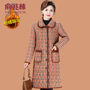 俞兆林（YUZHAOLIN）中老年人女冬裝加絨長(cháng)版厚棉T媽媽加厚棉服大衣奶奶裝翻領(lǐng)棉襖外 1號色紅格 XL (參考90-105斤)