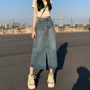 巧丂牛仔半身裙女春秋高腰包臀裙2024新款復(fù)古直筒寬松a字中長款半裙 復(fù)古藍(lán) L碼