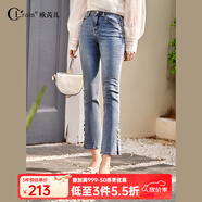 Olrain歐芮兒春夏新款牛仔褲女高腰修身顯瘦開(kāi)叉休閑微喇九分褲子 藍色 M