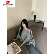 皮爾卡丹（pierre cardin）灰色斜肩蝙蝠袖毛衣女秋季2024新款長(zhǎng)袖套頭針織衫寬松中長(zhǎng)款上衣 灰色 S