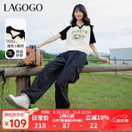 lagogo撞色翻領(lǐng)短袖T恤女拉谷谷春季新款休閑透氣插肩短款上衣 米黑(TW) S