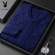 花花公子高檔毛衫男加厚v領(lǐng)毛衣秋冬加厚保暖男士毛衣麻花粗線(xiàn)寬松針織衫 寶藍色加 厚款 L 100-120斤