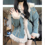 跨羽毛領復古羊羔港風牛仔外套女冬新款夾棉百搭加厚棉服寬松上衣 復古藍 加絨加厚-款 XS 建議80-95斤