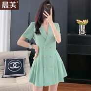 晨芙職業(yè)西裝連衣裙女夏短袖高腰名媛氣質(zhì)百褶裙小個(gè)子主持禮服工作服 836綠色 XL 建議115-125斤