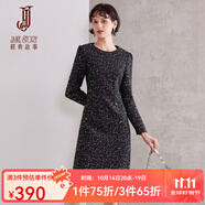 經(jīng)典故事（JANE STORY）2024年高級感復古粗花呢裙子女秋冬新款設計感時髦亮片圓領連衣裙 藍色 L