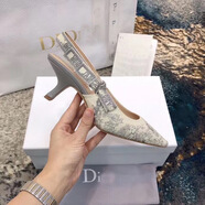 2025D春夏尖頭淺口平底刺繡涼鞋一字帶后空貓跟性感高跟鞋單鞋女 藍色刺繡平底 35