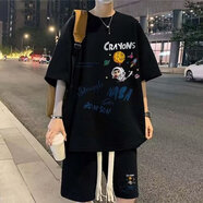 蘇京貓華夫格青少年休閑運(yùn)動套裝男生夏季寬松大碼短褲短袖一套搭配帥氣 T762套裝【黑色】 L