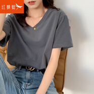 紅蜻蜓純棉V領(lǐng)短袖T恤女內(nèi)搭2025年春夏季新款寬松正肩打底白色半袖上衣 短袖灰色 S