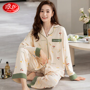 浪莎睡衣女春秋印花棉質(zhì)可外穿長袖開衫翻領(lǐng)寬松休閑大碼家居服套裝