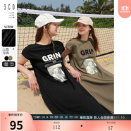 三彩2024夏季新款休閑T恤裙圓領(lǐng)印花寬松連衣裙鏤空中長(zhǎng)裙簡(jiǎn)約女 經(jīng)典黑 M 160/84A