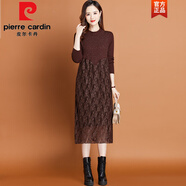 皮爾卡丹（pierre cardin）蕾絲針織拼接連衣裙女士中長(cháng)款秋冬配大衣內搭中年媽媽毛衣打底裙 咖色 2XL 130-145斤