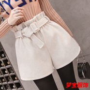 事思女時(shí)尚毛呢短褲女松緊腰年秋冬a字高腰闊腿休閑冬季外穿呢子靴褲 毛呢短褲(659杏色) L 100-115斤