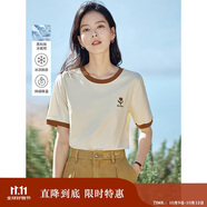 茵曼涼感撞色繡花女裝正肩短袖t恤2025夏季新品打底襯衫上衣 梨花杏 S