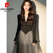 皮爾卡丹（pierre cardin）高級(jí)感穿搭赫本風(fēng)黑色拼接網(wǎng)紗連衣裙子春秋富家千金女裝2025新款 P2039-拼接連衣裙 M 建議80-95斤