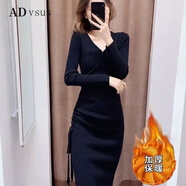 香港潮牌ADVSUS輕奢高端針織連衣裙女秋冬港味氣質(zhì)交叉V領(lǐng)系帶修身顯瘦打底毛線裙子 黑色開叉【加厚不加絨適合冬天穿】 M【建議95-105斤】