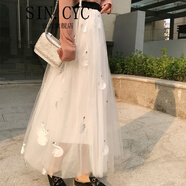 SIN.CYC女裝春季網紗半身裙女百褶裙時尚刺繡高腰裙子中長款垂感A字 天鵝款白色 M 90c 裙長90cm二層紗+一層襯)