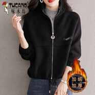 啄木鳥(niǎo)新款搖粒絨夾克短外套女秋冬2024洋氣高腰加厚輕薄小個(gè)子開(kāi)衫 加絨 黑色【加厚】 M