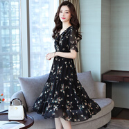 羅蒙（ROMON）夏季短袖連衣裙女裝2024新款韓版顯瘦時(shí)尚氣質(zhì)中長款雪紡碎花裙子 黑碎花 M （100-110斤）