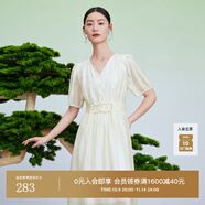 迪賽尼斯（DESIGNICE）新中式天絲裙子夏季新款國風(fēng)收腰杏色短袖連衣裙女 杏色 M