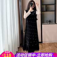 歐貝汐【新品】2025秋季新款氣質(zhì)圓領(lǐng)釘珠無袖連衣裙女禮服長裙子 蕾絲+背心裙 S