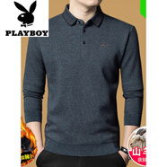 花花公子100%純山羊絨衫中年男士T恤長(cháng)袖翻領(lǐng)冬季加絨加厚保暖商務(wù)POLO衫 灰蘭-52083加絨加  厚款 M 165 【建議體重120斤以下】