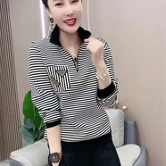高檔斷碼女士秋季女裝洋氣條紋上衣2025新款半拉鏈T恤衫休閑時尚 2036黑白條 2XL （建議125-135斤）