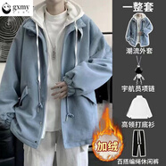gxmy【四件套】冬季港風(fēng)加厚假兩件毛呢外套男搭配美式百搭編繩褲 藍色外套+白高領(lǐng)+大繩褲+項鏈 加 XL (120-135斤)