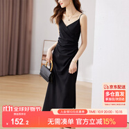 尚都比拉設(shè)計(jì)感抽褶收腰顯瘦中長(zhǎng)款V領(lǐng)吊帶連衣裙夏季修身小黑裙 黑色 L 