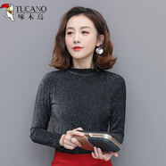 啄木鳥(niǎo)打底衫女長(cháng)袖亮絲T恤秋裝新純色銀絲網(wǎng)紗上衣修身半高領(lǐng)蕾絲衫 黑色 XL