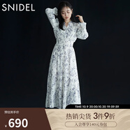SNIDEL秋冬甜美碎花系帶收腰百褶雪紡連衣裙SWFO245033 淺藍色 M （1）