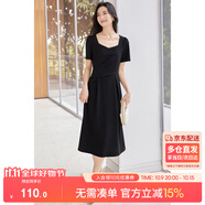 尚都比拉輕職場藍色連衣裙女夏季收腰中長裙泡泡袖裙子 黑色152L80063  S