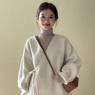 珈岑毛衣女冬款2024新款時尚明星同款韓版V領(lǐng)側(cè)系帶針織開衫外套秋冬 A款-米白色（加厚加大 外套） S