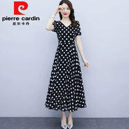 皮爾卡丹（pierre cardin）2025法式黑白波點(diǎn)連衣裙女夏雪紡感氣質(zhì)大尺碼胖M妹大擺圓點(diǎn)長裙 黑色 XL 建議115-125斤