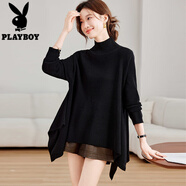 花花公子（PLAYBOY）時(shí)尚半高領(lǐng)A字版毛衣女秋冬慵懶風(fēng)大碼針織衫不規則遮屁股打底衫 黑色 M 【90-110斤】