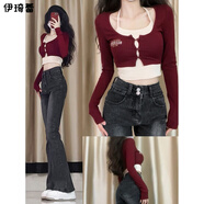 伊琦蕾（YIQILEI）甜辣假兩件設(shè)計(jì)感美式復(fù)古上衣純欲風(fēng)氣質(zhì)穿搭微喇褲套裝兩件套 【兩件套】牛仔褲+酒紅假兩件上 M