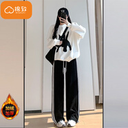棉致顯瘦條紋褲子女秋冬季新款寬松小個(gè)子高腰休閑褲運動(dòng)衛褲加絨 黑色常規款【829加絨33.5】 S 80-95斤