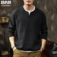 路杰邦肌理華夫格假兩件亨利衫V領(lǐng)衛衣男內搭打底2025新春秋季長(cháng)袖T恤男 黑色 4XL 【適合200-220斤】