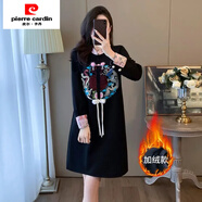 皮爾卡丹（pierre cardin）2025中式國風(fēng)刺繡寬松秋冬連衣裙顯瘦加絨復古冬季風(fēng)a字裙子 黑色 加絨款 S 建議150-165cm