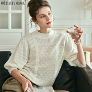 Olrain歐芮兒法式米白色短袖針織衫女夏季新款寬松復古鏤空套頭衫 米白色 L