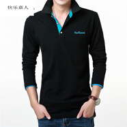 快樂(lè)嘉人 長(zhǎng)袖t恤男士中年純色翻領(lǐng)商務(wù)POLO領(lǐng)衫2022春秋季新款爸爸裝打底 黑色藍(lán)領(lǐng) 2XL