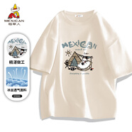 稻草人（MEXICAN）短袖男夏季薄款港風(fēng)百搭韓版印花休閑寬松上衣 杏色 S