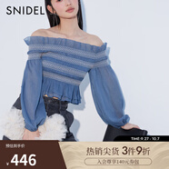 SNIDEL春夏甜美一字領(lǐng)露肩褶皺泡泡袖襯衫上衣SWFB241304 牛仔藍(lán) 均碼 （F）
