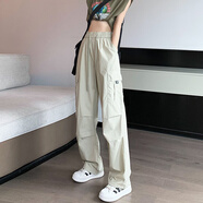 妹丫2025工裝褲女夏高腰闊腿直筒休閑設(shè)計(jì)感速干美式復(fù)古登山運(yùn)動(dòng)褲 杏色-常規(guī) M建議95-105斤