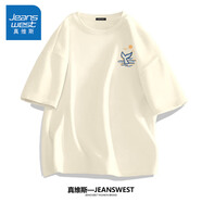 真維斯（Jeanswest）半袖男夏季大碼男士衣服男生純棉休閑短袖體恤胖子寬松男裝白t恤 淺米(z海豚尾巴胸標(biāo)) 5XL (建議230斤-260斤左右)