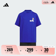 adidas男女大童休閑短袖套裝兒童夏季新款阿迪達斯官方輕運動(dòng)   半熒光藍/黑色   140