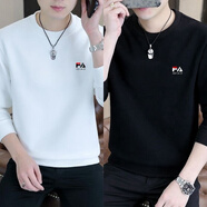 KRDUGBR衛衣男加絨加厚長(cháng)袖t恤圓領(lǐng)秋冬季修身內搭保暖冬裝男裝套頭衫 白+黑【不加絨】2件 2XL 【135-155斤】