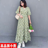 恪信胖的mm沙灘裙200斤海邊度假碎花連衣裙長裙到腳踝超長款大碼夏碎 綠色單件【高品質(zhì)】 7XL建議251-275斤