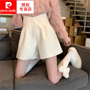 皮爾卡丹（pierre cardin）高腰黑色毛呢加厚短褲女秋冬新款休閑顯瘦闊腿冬天配靴子外穿短褲 杏色 S 82-95
