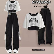 NRDCZ爵士舞街舞服裝女套裝夏季2024甜酷學(xué)生韓版辣妹短袖T恤+吊帶+工 白色T恤+吊帶+工裝褲三件套 M  建議90-105斤